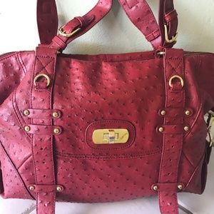 Satchel Ostrich Red Leather Shoulder Bag